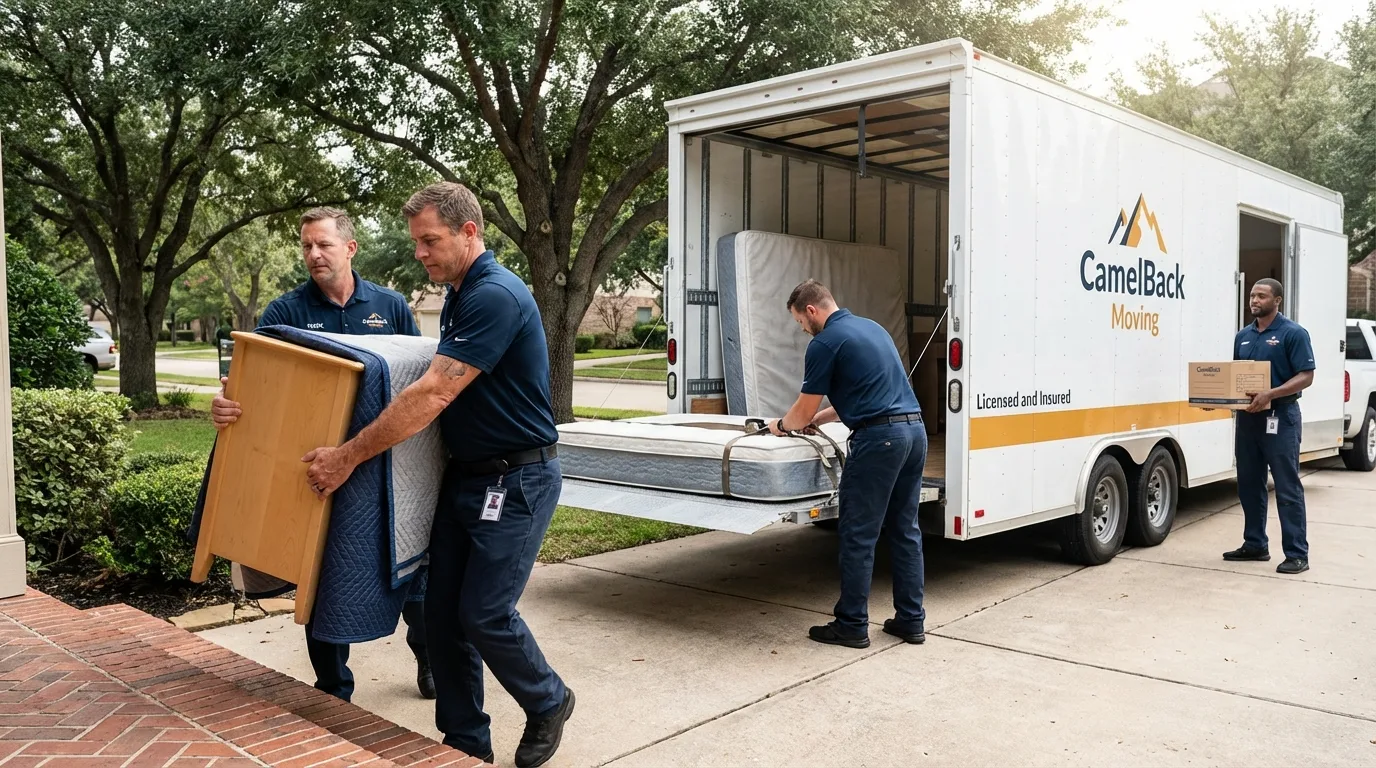 Crew loading residential truck for cross-state move from Lompoc, CA