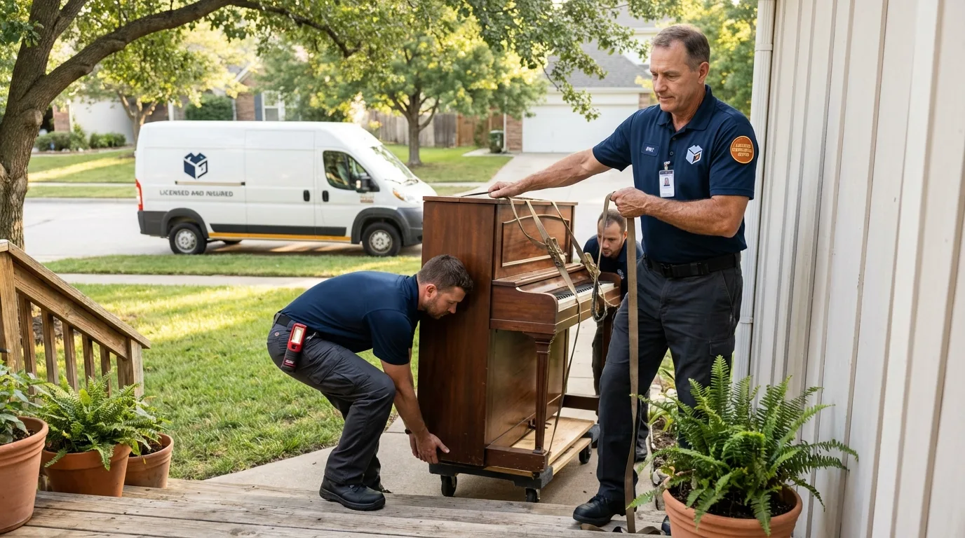 Licensed piano movers securing grand piano in Lompoc, CA