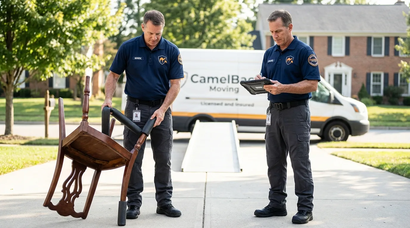 Movers inspecting furniture for damage prevention before loading in Lompoc, CA