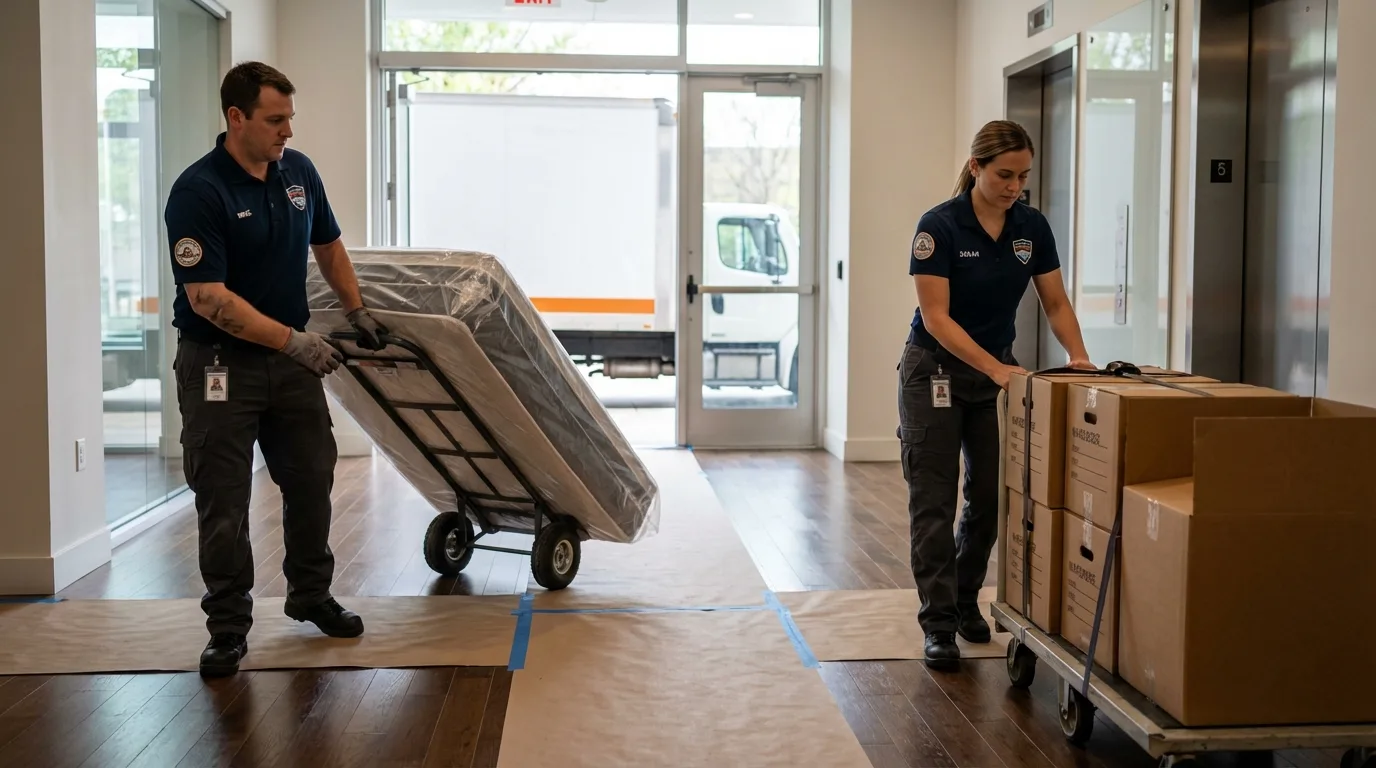 Professional apartment movers loading elevator in Lompoc, CA